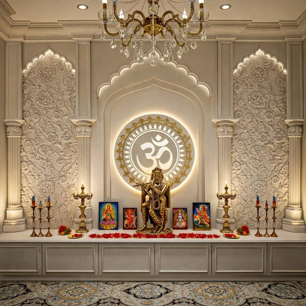 Om Marble Shrine with Brass Accents